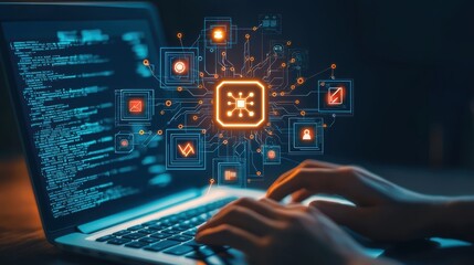 Naklejka premium image depicts person typing on laptop with digital icons representing technology and data surrounding screen, conveying sense of innovation and connectivity. 
