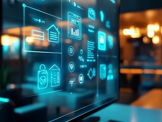 Fototapeta premium A smart home control center displaying IoT security measures, with all connected devices protected by encryption and firewalls.