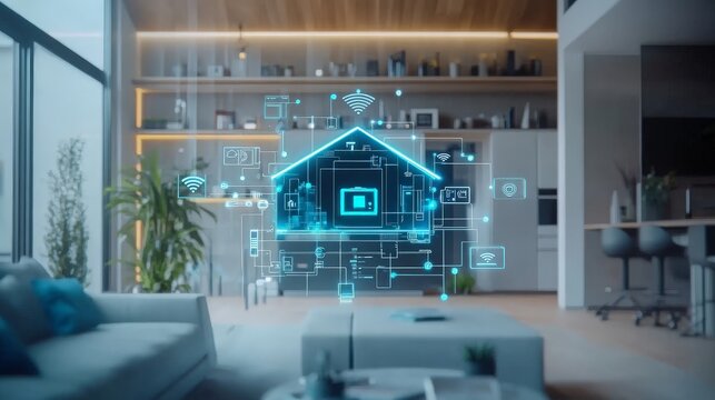A smart home with IoT security solutions, showing encrypted connections between devices like cameras, thermostats, and alarms.