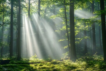 Serene and Peaceful Forest Scene with Warm Sunlight Rays Filtering Through the Lush Misty Green Canopy Creating a Magical Ethereal Atmosphere