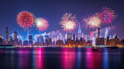 Fireworks display over the Manhattan skyline at night.
