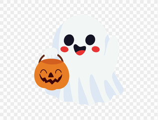 Obraz premium Happy cute smile ghost holding pumpkin bucket isolated on png or transparent background.Halloween party banner. vector