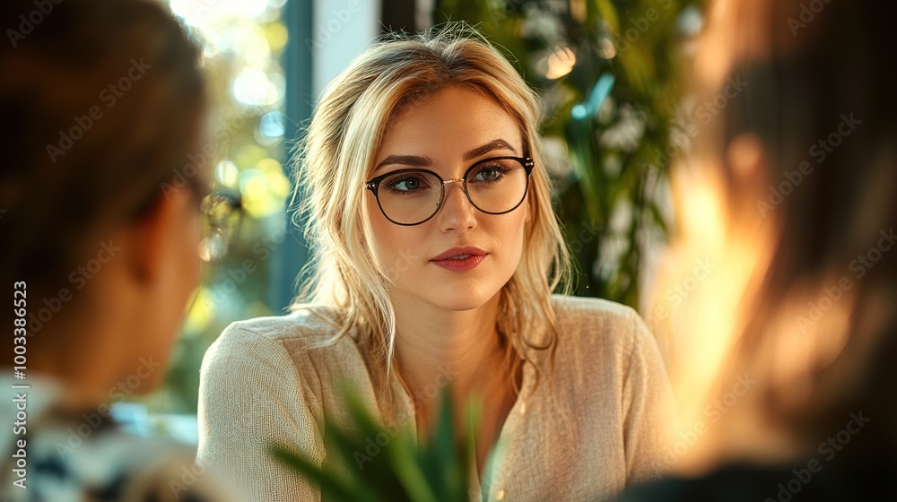 Poster Young Woman Engaged in Thoughtful Discussion