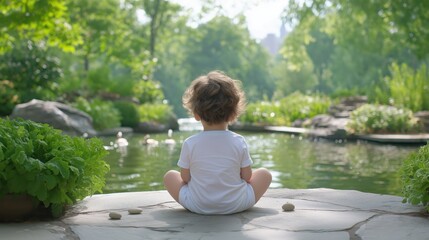 Fototapeta premium A young child enjoys a tranquil afternoon by a pond, tossing pebbles and watching ducks swim in a serene, sunlit environment