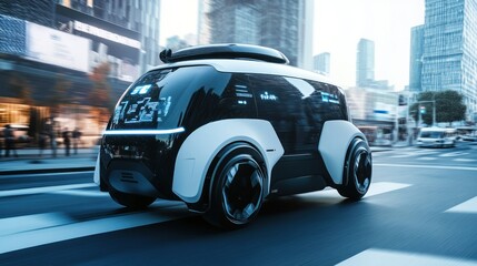 Obraz premium Photograph an autonomous vehicle navigating city streets, highlighting the future of transportation technology. 