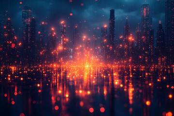 Fototapeta premium neon cityscape reflections: futuristic urban architecture in a rainy night glow