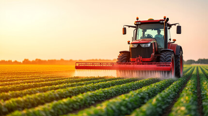 Obraz premium Red tractor spraying crops at sunset.