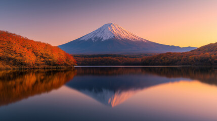 An awe-inspiring view of Mount Fuji during the peak of autumn, surrounded by vibrant red, orange, and golden maple trees.