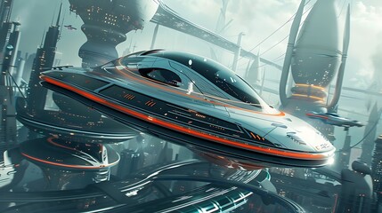 Flying car soars through a futuristic cityscape, showcasing advanced technology and urban design.