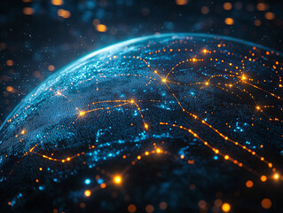 Obraz premium abstract digital globe with glowing lines and particles - blue and orange - 3d render