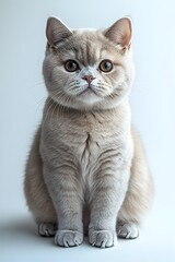 Obraz premium Image of a Regal British Shorthair Cat Sitting and Looking Directly at the on a Plain White Background