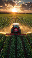 Red tractor spraying a field at sunset.