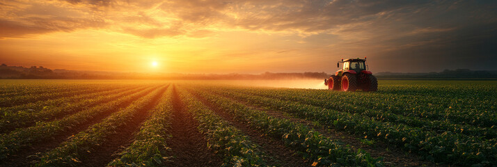 Fototapeta premium A red tractor drives through a field at sunset.