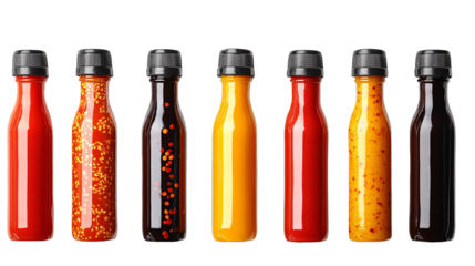 Colorful Hot Sauce Bottles with Different Flavors on White Background