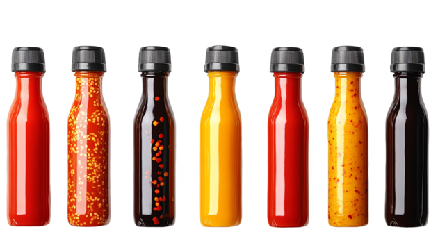 Colorful Hot Sauce Bottles with Different Flavors on White Background
