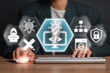 A programmer working on a keyboard with digital icons representing various hackathon concepts such as security, innovation, and technology.