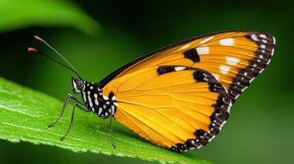 Fototapeta premium Closeup of a Yellow and Black Butterfly on a Green Leaf