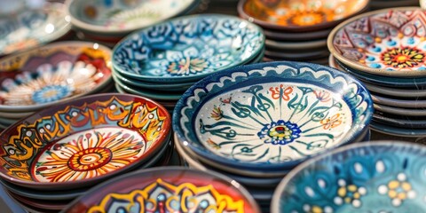 Detailed view of a vibrant hand-painted design on ceramic plates in an Eastern aesthetic.