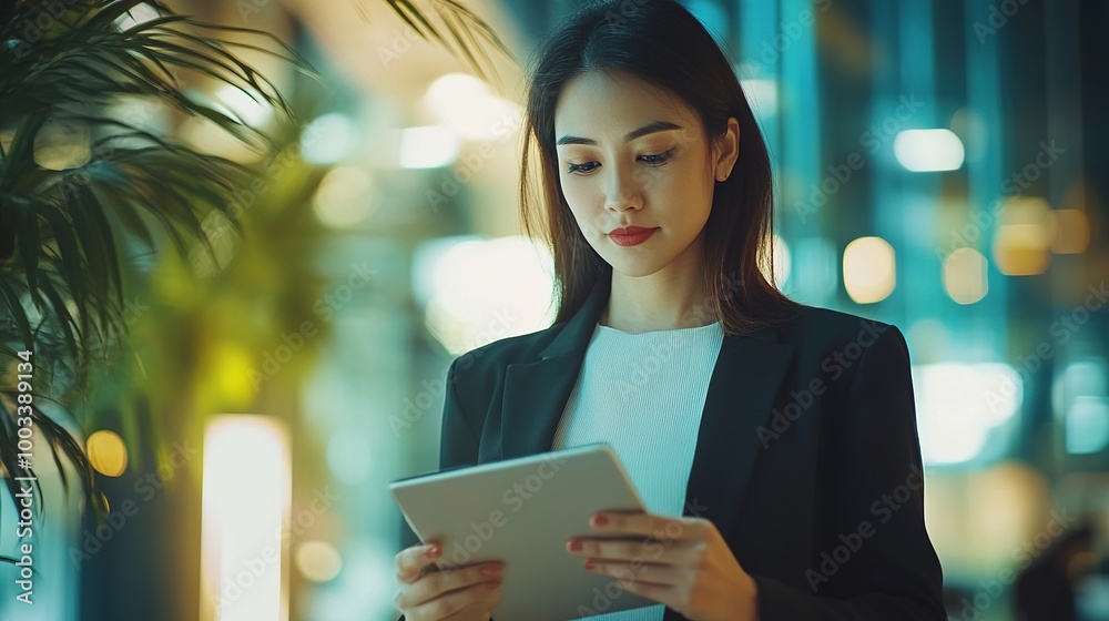 Sticker Professional Woman Using Tablet in Modern Workspace