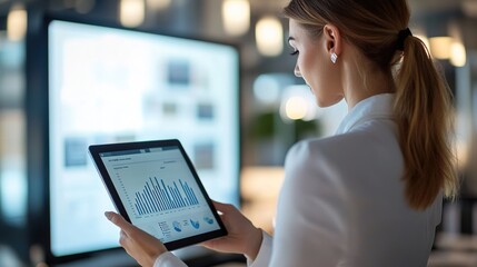 Businesswoman Analyzing Data on Tablet Screen