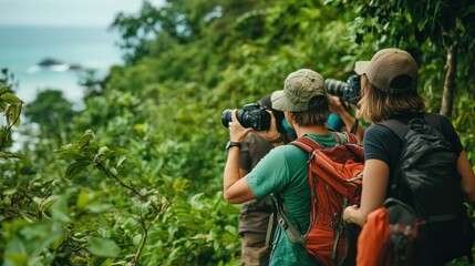 Photograph tourists participating in eco-tourism activities, such as hiking and wildlife watching, promoting responsible travel practices 