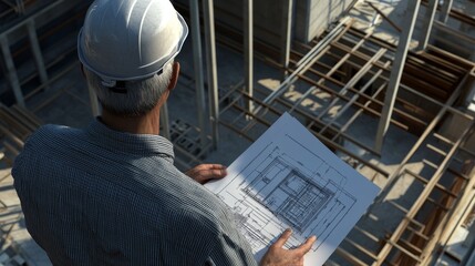 3D Construction Site Inspector Examining Building Foundation with Blueprints