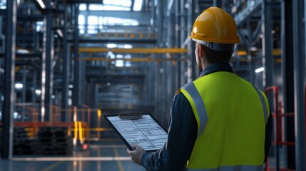 3D Safety Officer Conducting Emergency Evacuation Checklist Inspection in Industrial Facility