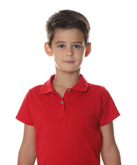 Portrait of cute little boy on white background
