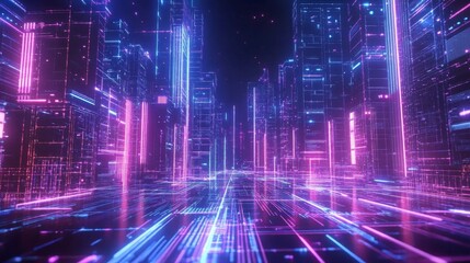Futuristic Cityscape with 3D Geometric Structures and Neon Lights - Urban Metropolis at Night with Crowded Streets and Moving Figures