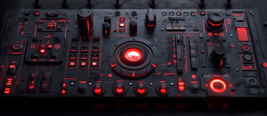 A red and black electronic device with a red button in the center
