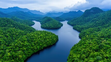 Fototapeta premium Aerial View of Lush Green Rainforest with Winding River and Mountains