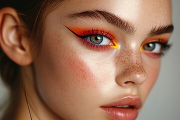 Fototapeta premium Close-up shot of a young model showcasing vibrant makeup with striking eyeliner in a bright, well-lit setting