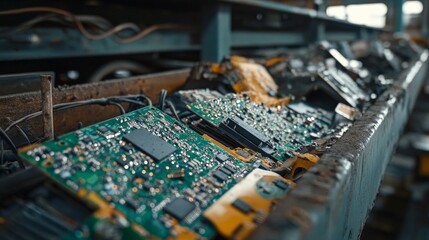 An e-waste recycling facility where electronic components such as circuit boards and semiconductors are dismantled and recycled.