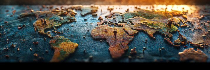 A miniature world map with tiny figures standing on it.