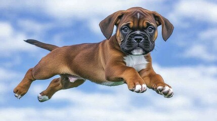 Joyful Puppy Boxer Jumping in Bright Blue Sky