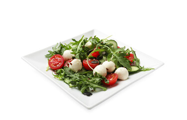 Tasty salad with arugula, mozzarella cheese and vegetables isolated on white