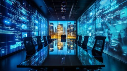 Modern futuristic office meeting room with a large window overlooking a city skyline. The walls are covered in digital data and code.