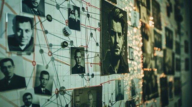 Detective board is showing photos of people and evidence connected with red string, suggesting a criminal investigation is underway