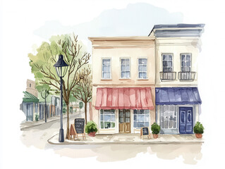 Charming street view of pastel-colored storefronts with awnings and a lamp post.