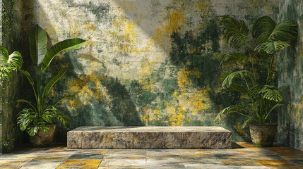 Obraz premium A stone platform with tropical plants in front of a textured green and yellow wall.