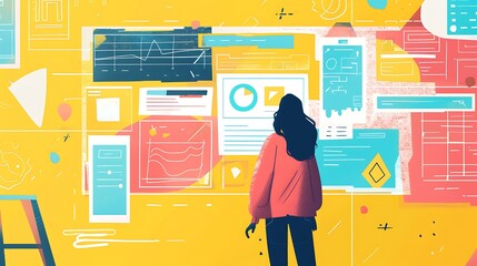 Woman stands in front of wall with displaying data visualization charts graphs and diagrams for analyzing information in business intelligence or research strategy concept.