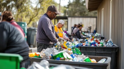 Naklejka premium Show a busy community recycling center where residents are sorting and dropping off recyclable materials 