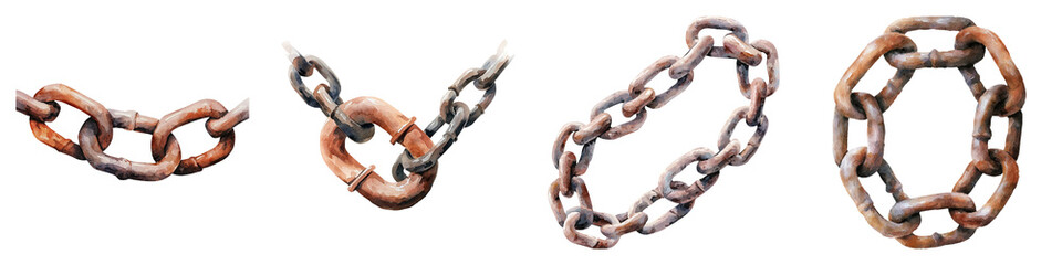 Obraz premium Broken chains clipart, symbol of overcoming obstacles, watercolor style, bold metallic and earth tones, isolated on white background