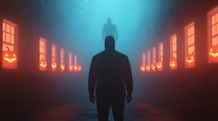 Fototapeta premium Mysterious Figure in Foggy Halloween Alley with Jack O Lanterns