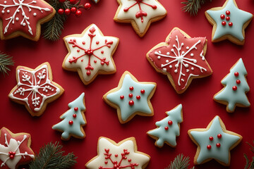 Fototapeta premium Christmas cookies shaped like stars and trees on a red background.