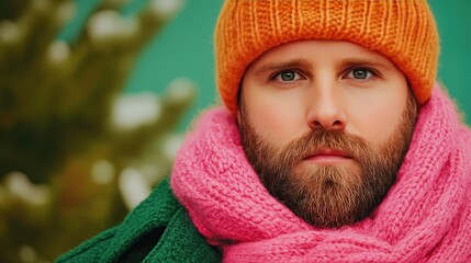 Close up Portrait of Man in Orange Beanie and Pink Scarf