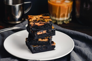 Stack of Dark Chocolate Brownies with a Vietnamese Coffee Swirl: Fudgy brownies made with black...