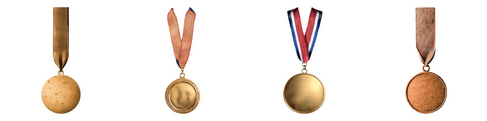 Watercolor gold medal hanging on a ribbon, symbol of triumph, isolated on white background