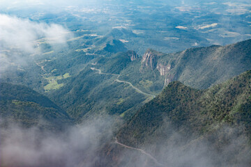 Cloudy aerial view of the Rio do Rastro ridge, Lauro Müller, Santa Catarina, Brazil.