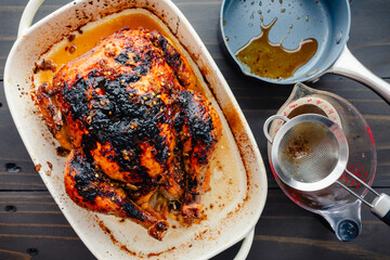 Glazed Roasted Chicken with Kitchen Tools: Golden brown roast chicken in a baking dish with a saucepan, strainer, and measuring cup